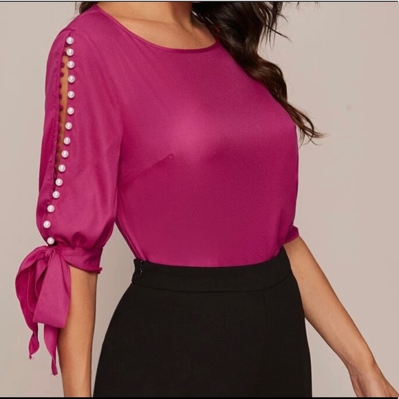 Tops - NEW Boutique! Pink Top With Pearled Tie Knot Arms